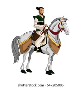 Samurai Warrior with Sword, Riding horse, designed using fire grunge brush graphic vector.