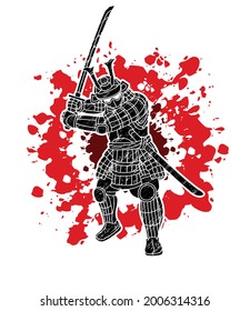 Samurai Warrior with Sword Weapon Ready to Fight Action Cartoon Graphic Vector