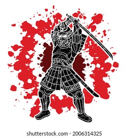 Samurai-Krieger mit Schwertwaffe bereit für Action-Cartoon Grafik-Vektorgrafik