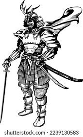 Samurai warrior with swords and clothes tattoos idea design black and white