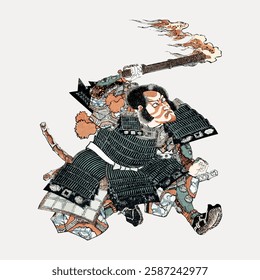 Samurai warrior in traditional armor holding a torch. Japanese art, depicting a fierce, determined expression. Historical, cultural illustration of a samurai. Vintage Japanese illustration vector.