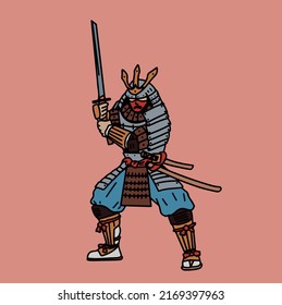 Samurai warrior with two swords in a mask.
