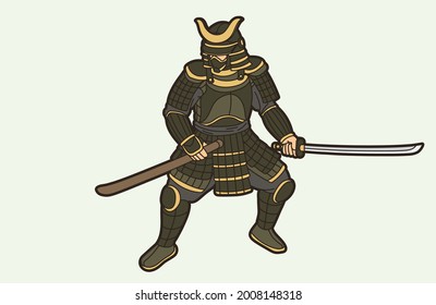 Guerrero de Samurai con vector gráfico de acción de arma y cordón de blindaje militar japonés