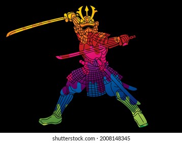 Guerrero de Samurai con vector gráfico de acción de arma y cordón de blindaje militar japonés