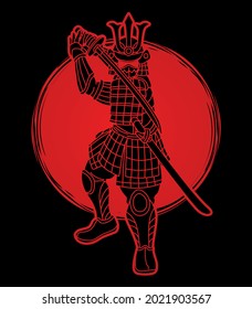 Samurai Krieger mit Weapon Bushido Action Bereit für den Kampf gegen Cartoon-Grafik-Vektorgrafik