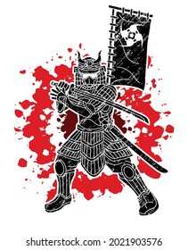 Samurai Warrior with Weapon Bushido Action Ready to Fight Cartoon Graphic Vector