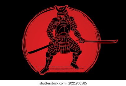 Samurai Warrior with Weapon Bushido Action Ready to Fight Cartoon Graphic Vector
