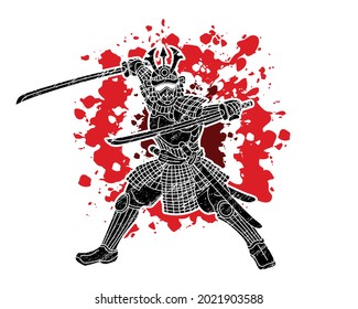 Guerrero de Samurai con acción de Bushido Arma listo para combatir el vector gráfico de dibujos animados