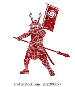 Samurai Krieger mit Weapon Bushido Action Bereit für den Kampf gegen Cartoon-Grafik-Vektorgrafik