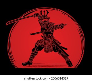 Samurai Warrior with Weapon Ready to Fight Action Cartoon Graphic Vector