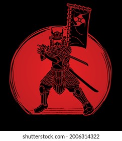 Samurai Warrior with Weapon Ready to Fight Action Cartoon Graphic Vector