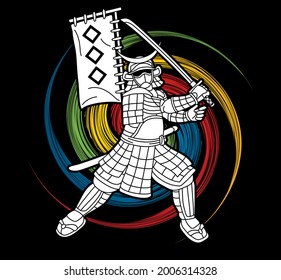 Samurai-Krieger mit Waffenbereitschaft für den Kampf gegen Action-Cartoon-Grafik-Vektorgrafik