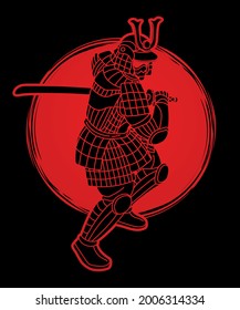 Samurai Warrior with Weapon Ready to Fight Action Cartoon Graphic Vector