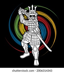 Guerrero de Samurai con arma lista para combatir el vector gráfico de dibujos animados