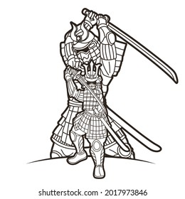 Samurai Warrior with Weapon Ronin Action Ready to Fight Cartoon Graphic Vector