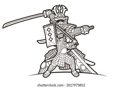 Samurai Warrior with Weapon Ronin Action Ready to Fight Cartoon Graphic Vector