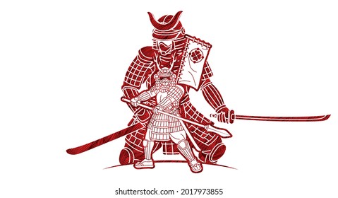 Samurai-Krieger mit Waffenrennen-Aktion Bereit für den Kampf Cartoon-Grafik-Vektorgrafik