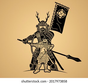 Samurai-Krieger mit Waffenrennen-Aktion Bereit für den Kampf Cartoon-Grafik-Vektorgrafik