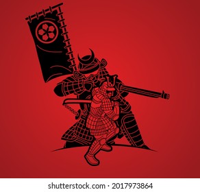 Guerrero de Samurai con acción Ronin listo para combatir el vector gráfico de dibujos animados