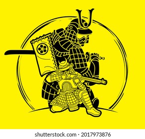 Samurai-Krieger mit Waffenrennen-Aktion Bereit für den Kampf Cartoon-Grafik-Vektorgrafik