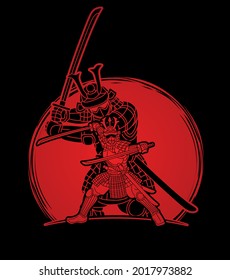 Samurai-Krieger mit Waffenrennen-Aktion Bereit für den Kampf Cartoon-Grafik-Vektorgrafik