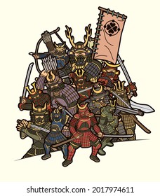 Samurai-Krieger mit Waffenrennen-Aktion Bereit für den Kampf Cartoon-Grafik-Vektorgrafik
