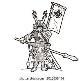 Samurai Krieger mit Waffen-Gruppe Ronin Japanischer Kampfcartoon Grafik-Vektorgrafik