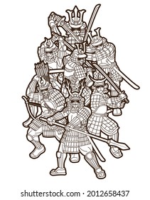 Guerrero de Samurai con grupo de armas de vector gráfico de combate Ronin japonés