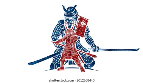Samurai Warrior with Weapons Group of Ronin Japanese Fighter Cartoon Graphic Vector