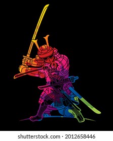 Samurai Krieger mit Waffen-Gruppe Ronin Japanischer Kampfcartoon Grafik-Vektorgrafik