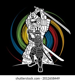 Samurai Krieger mit Waffen-Gruppe Ronin Japanischer Kampfcartoon Grafik-Vektorgrafik