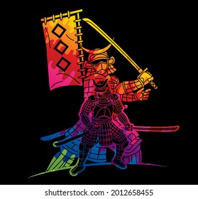 Guerrero de Samurai con grupo de armas de vector gráfico de combate Ronin japonés