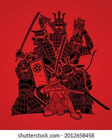 Samurai Warrior with Weapons Group of Ronin Japanese Fighter Cartoon Graphic Vector