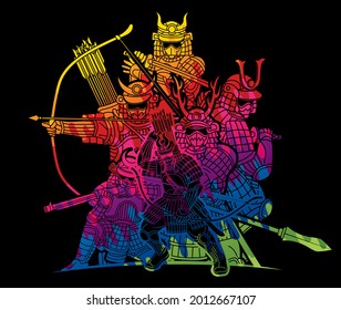 Samurai Krieger mit Waffen-Gruppe Ronin Japanischer Kampfcartoon Grafik-Vektorgrafik
