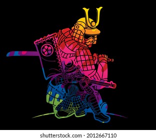 Samurai Krieger mit Waffen-Gruppe Ronin Japanischer Kampfcartoon Grafik-Vektorgrafik