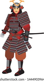 Samurai Warrior with Yoroi Armor Dress And Kabuto Helmet   - Vector