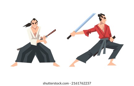 Samurai warriors in action set. Asian fighters fighting with katana sword cartoon vector illustration