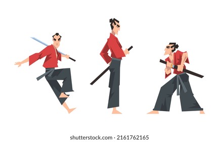 Samurai warriors fighting with katana swords. Asian martial artists, shaolin warriors cartoon vector illustration