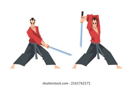 Samurai warriors fighting with katana swords cartoon vector illustration