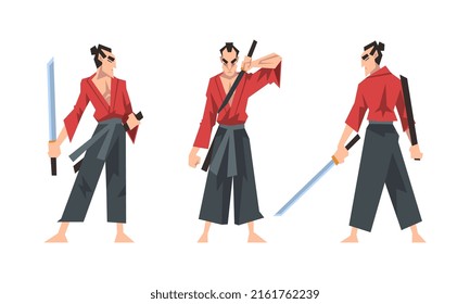 Samurai warriors fighting with katana swords. Asian martial artists cartoon vector illustration