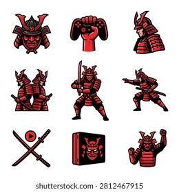 Samurai warriors in red armor posing fighting
