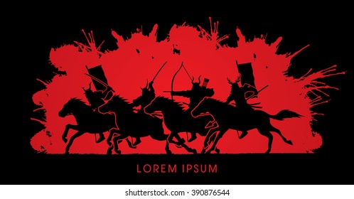 Samurai Warriors Riding Horses, designed on splash blood background graphic vector.