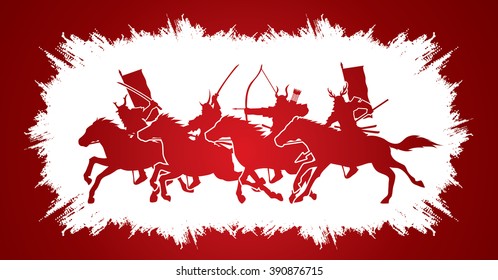 Samurai Warriors Riding Horses, designed on grunge frame background graphic vector.