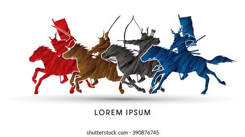 Samurai Warriors Riding Horses, designed using colorful  grunge brush graphic vector.