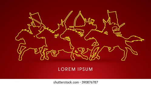 Samurai Warriors Riding Horses, designed using outline graphic vector.