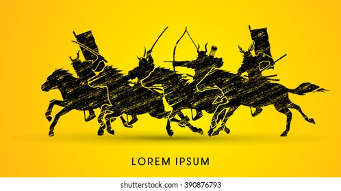 Samurai Warriors Riding Horses, designed using grunge brush graphic vector.
