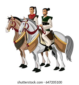Samurai Warriors Riding Horses, designed on sunset background graphic vector.