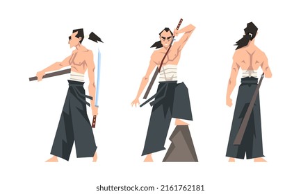 Samurai warriors set. Aggressive asian fighters with swords cartoon vector illustration