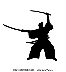 Samurai Warriors with the sword black and white Silhouette, Vector illustration, and tattoo design 