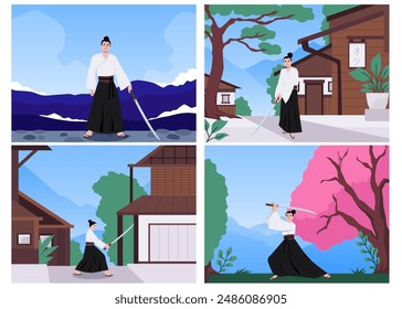 Samurai-Krieger in verschiedenen dynamischen Posen mit Katanas. Eine Kollektion von Vektorgrafiken-Plakaten, die traditionelle japanische Häuser, Berge und Sakurabäume darstellen